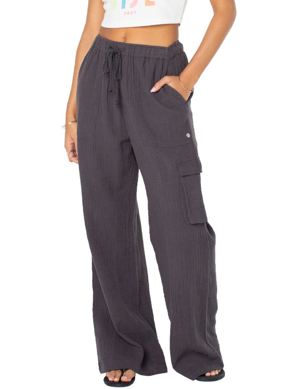 Roxy Women's Wide Leg Cargo Pants - Charcoal Gray Gauze